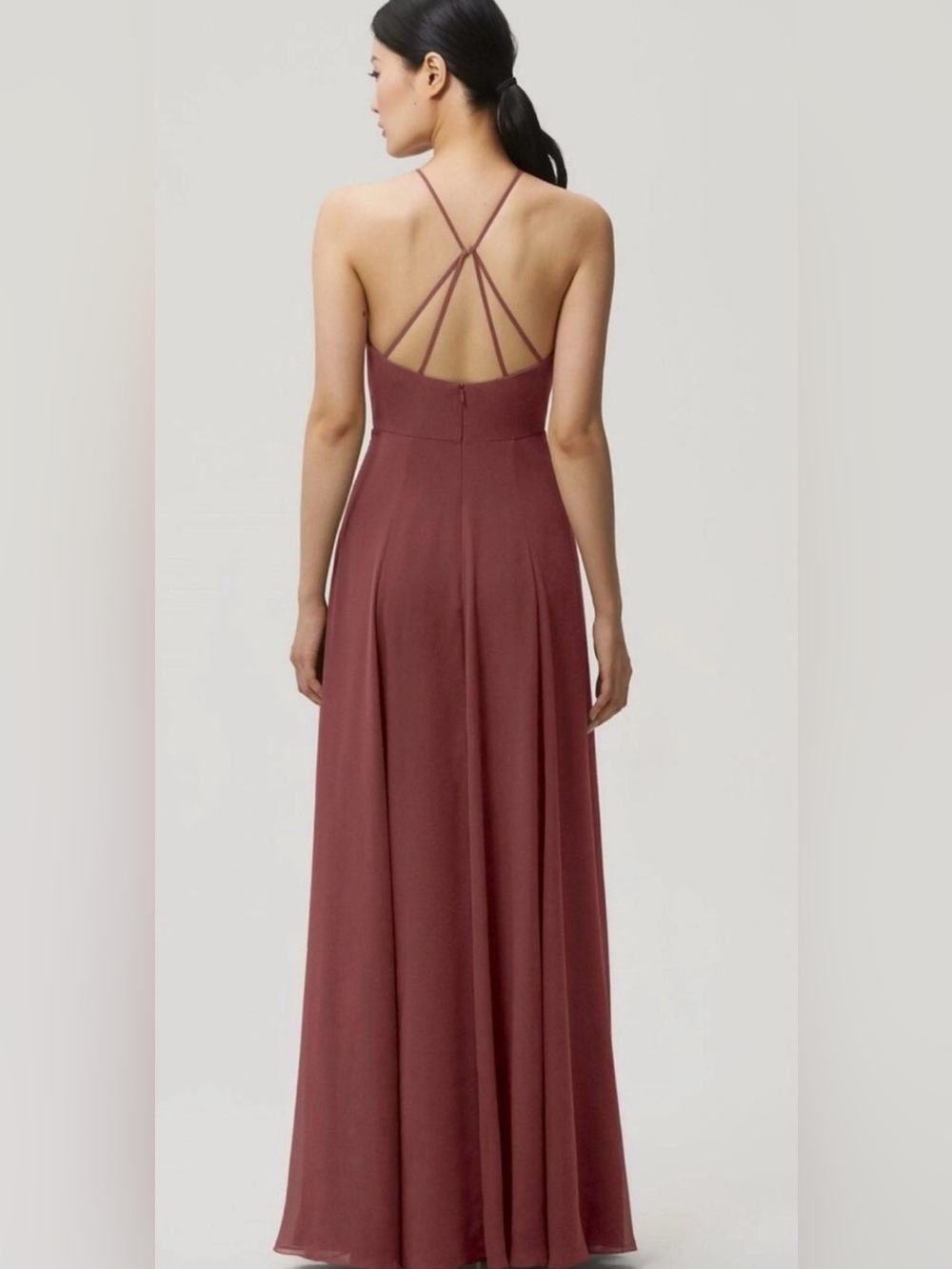 Jenny Yoo Kayla High Neck Formal Dress with Strappy Back Fall Dusty Size 8